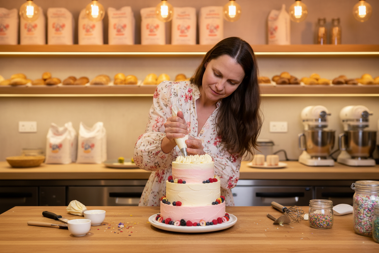 Iryna decorating a cake